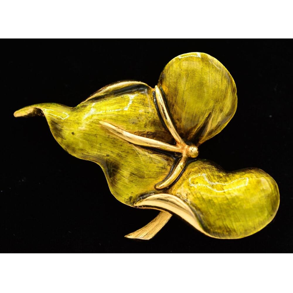 Vintage Green Leaf Pin Brooch Lush Enamel Brushed Gold Heavy Chunky 1980s Bin4
